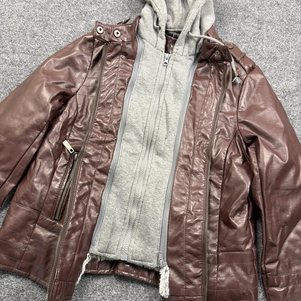 J2 Women's Large Brown‎ Faux Leather Fur Hooded Fashion Jacket Fur Lining